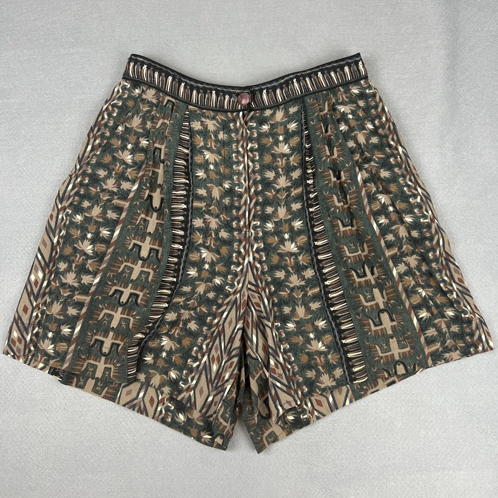 Boho Vintage Dorothy Schoelen Rayon Tribal Shorts Size 6 Brown Green